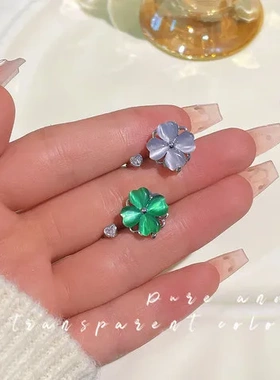 戒指不掉色女开口绿色可旋转百搭时尚猫眼石手饰ins风指环四叶草