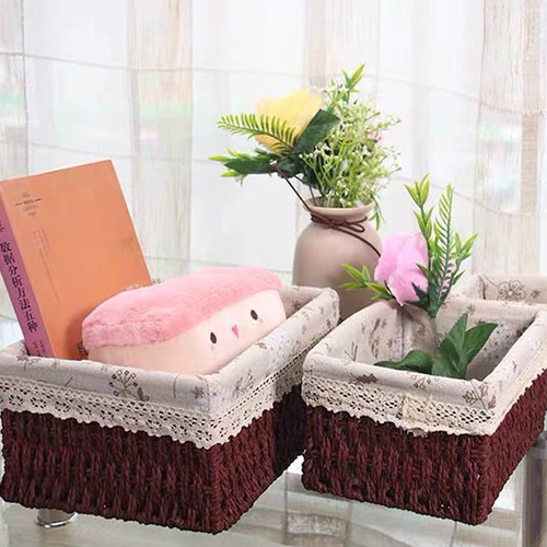 收纳筐藤编储物盒桌面零食杂物收纳篮子小框化妆品收纳盒布艺箱子 - 图2