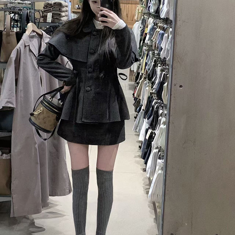 miu系千金风毛呢套装女秋冬新款气质灰色修身斗篷外套+半裙两件套,淘宝优惠券,粉丝福利购,淘宝优惠卷