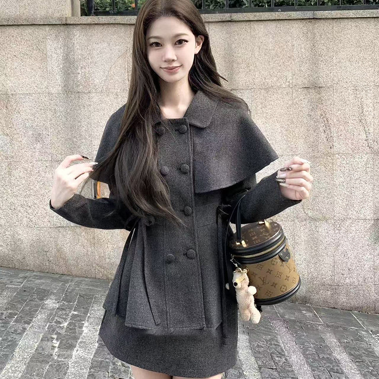 miu系千金风毛呢套装女秋冬新款气质灰色修身斗篷外套+半裙两件套,淘宝优惠券,粉丝福利购,淘宝优惠卷