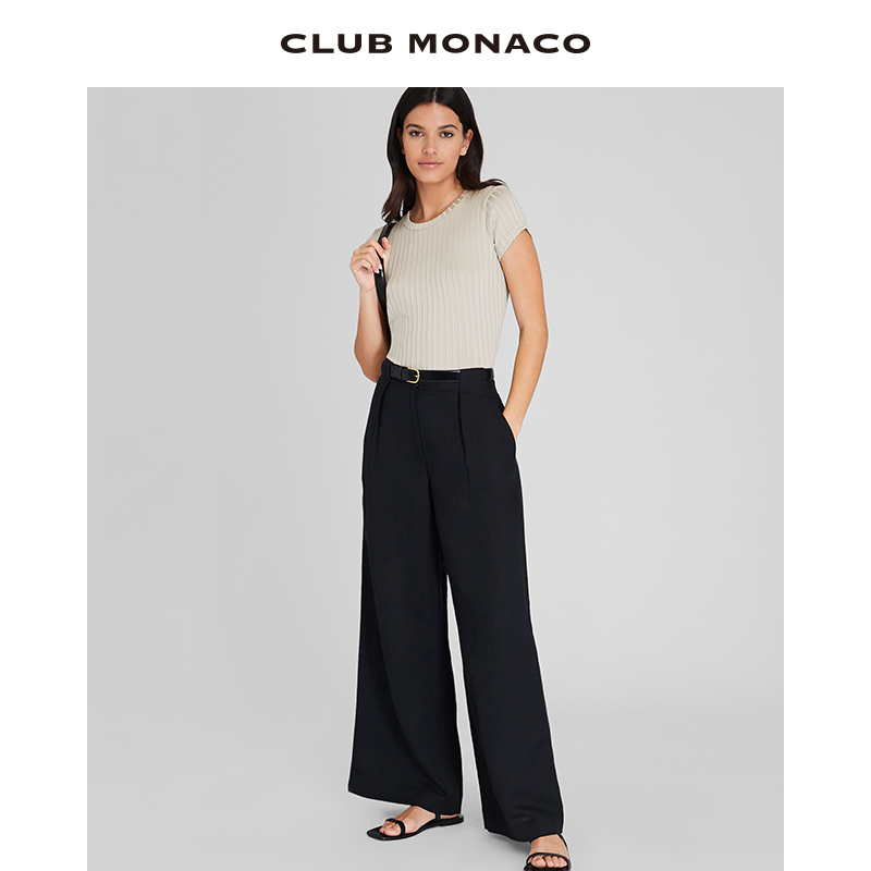 CLUB MONACO女装24春夏新品弹力显瘦坑条竖条纹针织短袖T恤 - 图0