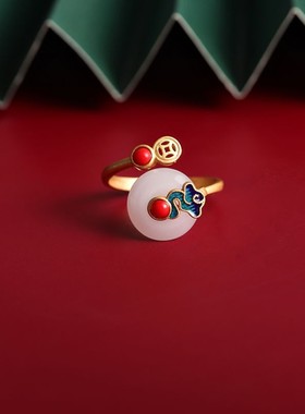 招财转运和田玉祥云戒指复古中国风小众设计开口尾戒食指S925纯银