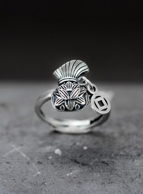 S925纯银招财莲花福袋钱币戒指食指环小众复古风国潮做旧女款开口