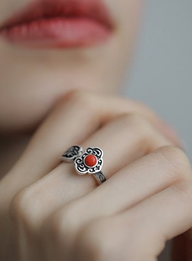 S925纯银南红玛瑙如意锁女戒指食指轻奢环复古做旧国潮小众可调节