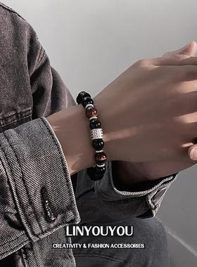 黄虎眼玻璃手链男潮小众潮流气质复古转运珠黑色手串男生百搭个性