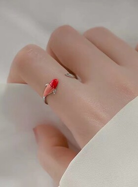 招财转运锦鲤戒指女珐琅尾戒小众设计食指可调节潮中国风S925纯银