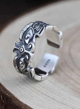 兽面貔貅男女款纯银复古开口戒指