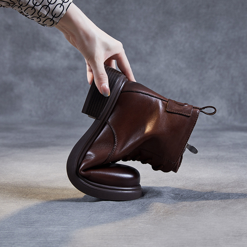 【主推】英伦马丁靴女时装靴小牛皮短靴欧美英伦薄绒短靴棕色女靴 - 图3