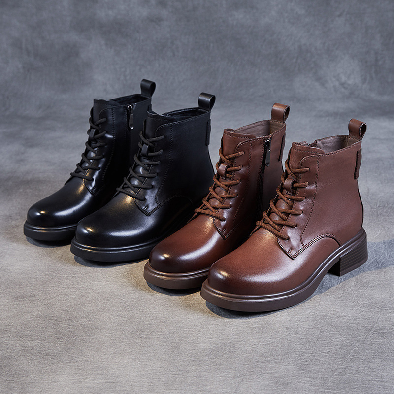 【主推】英伦马丁靴女时装靴小牛皮短靴欧美英伦薄绒短靴棕色女靴 - 图2