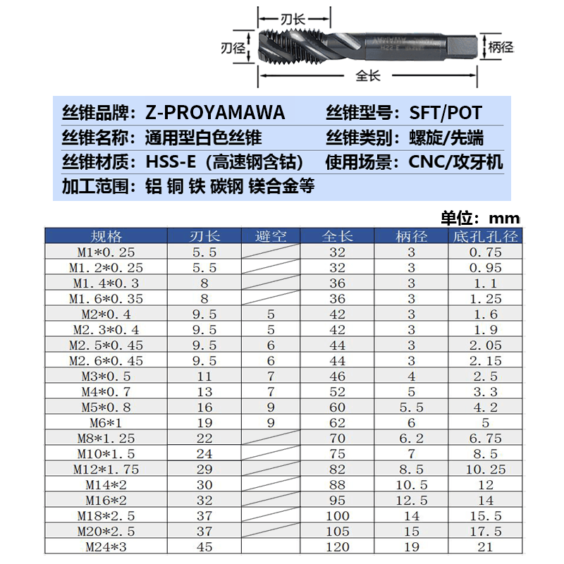 进口Z-PRO YAMAWA螺旋丝锥OX含钴不锈钢专用m1m2m4雅马哇先端丝攻-图2