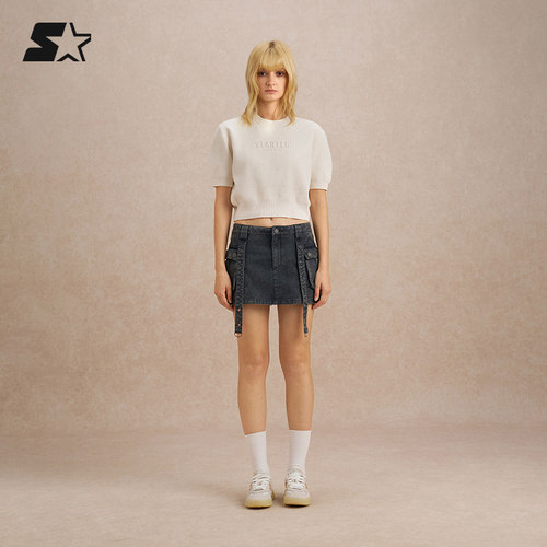 STARTER针织衫2025秋季新款收腰白色logo短款泡泡袖短袖上衣女 - 图0