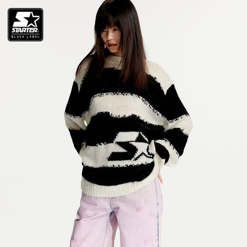 张颜齐同款毛衣STARTER新款慵懒风秋冬黑白条纹休闲长袖针织衫 - 图3