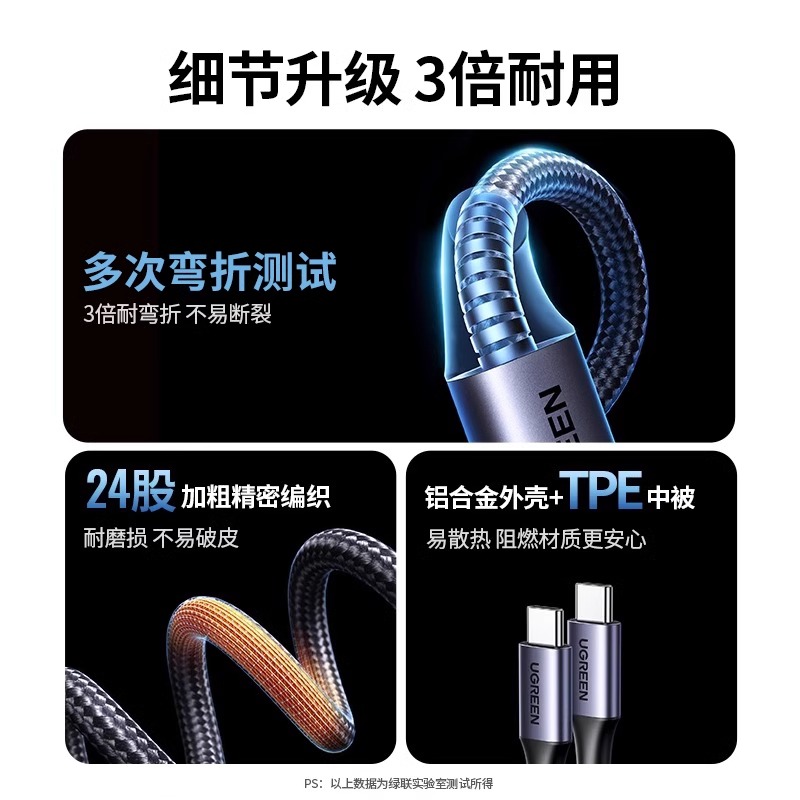 绿联二合一双typec数据线一拖二ctoc充电线适用于iPhone16/15pro安卓手机iPad电脑快充车载tpyec口