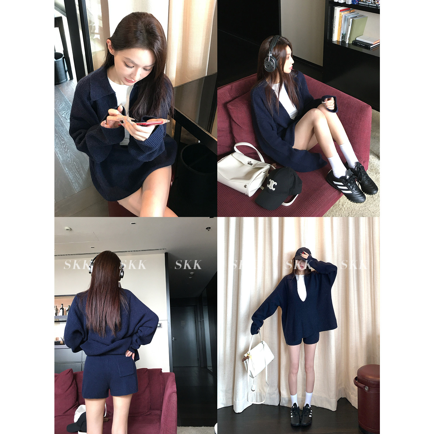 Skk Store 自在起居 松弛感羊毛大V领坑条针织衫短裤休闲套装女秋