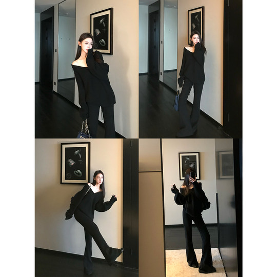 Skk Store淡颜天菜软糯针织V领上衣慵懒设计感毛衣休闲裤套装女秋