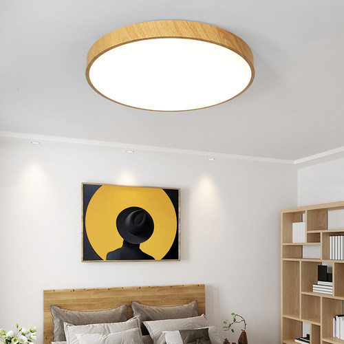 北欧LED吸顶灯原木纹色新中式客厅主卧室灯房间书房家用圆形灯具 - 图0