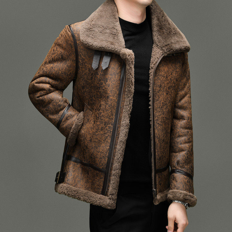 真皮皮毛一体男装冬季新款短款翻领飞行夹克加厚绵羊皮机车外套,淘宝优惠券,粉丝福利购,淘宝优惠卷