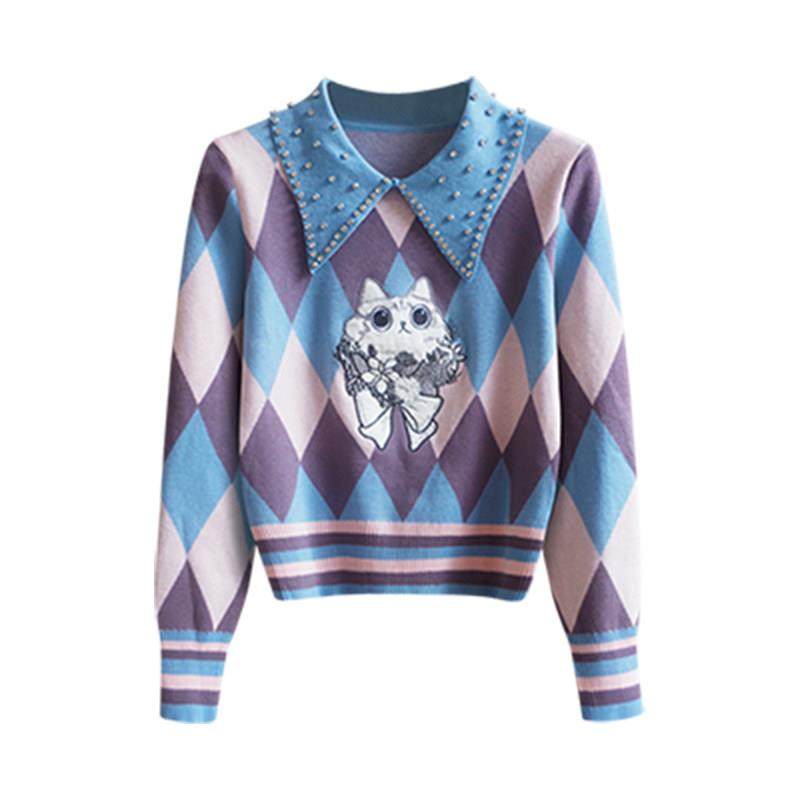 潮牌复古刺绣小猫咪针织衫女2025春季菱格撞色娃娃领长袖套头上衣,淘宝优惠券,粉丝福利购,淘宝优惠卷