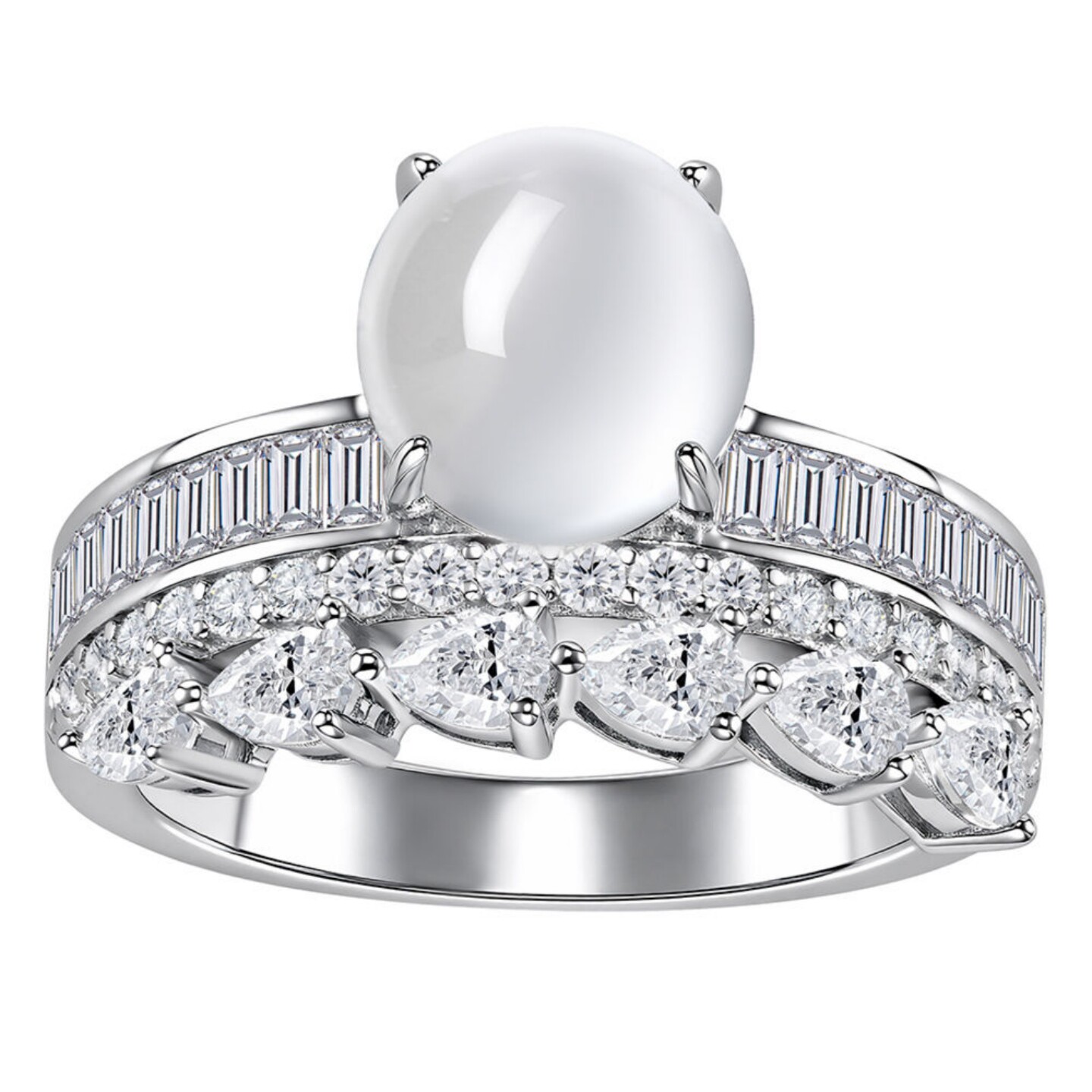 Russian jade three-row diamond ring 925 silver gold-plated
