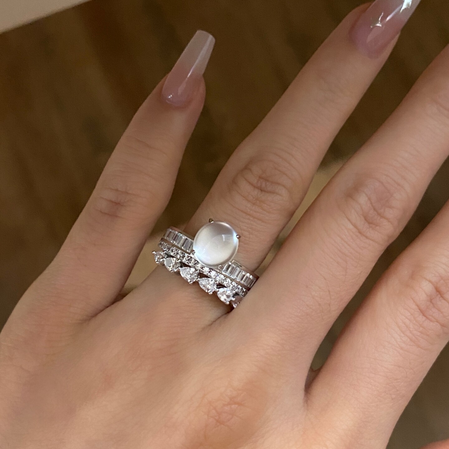 Russian jade three-row diamond ring 925 silver gold-plated