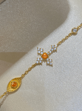 橙光镶钻十字架树叶手链女925银