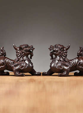 一对雕刻装饰送礼开业客厅摆件工艺品玄关家居貔貅黑檀木店铺新居