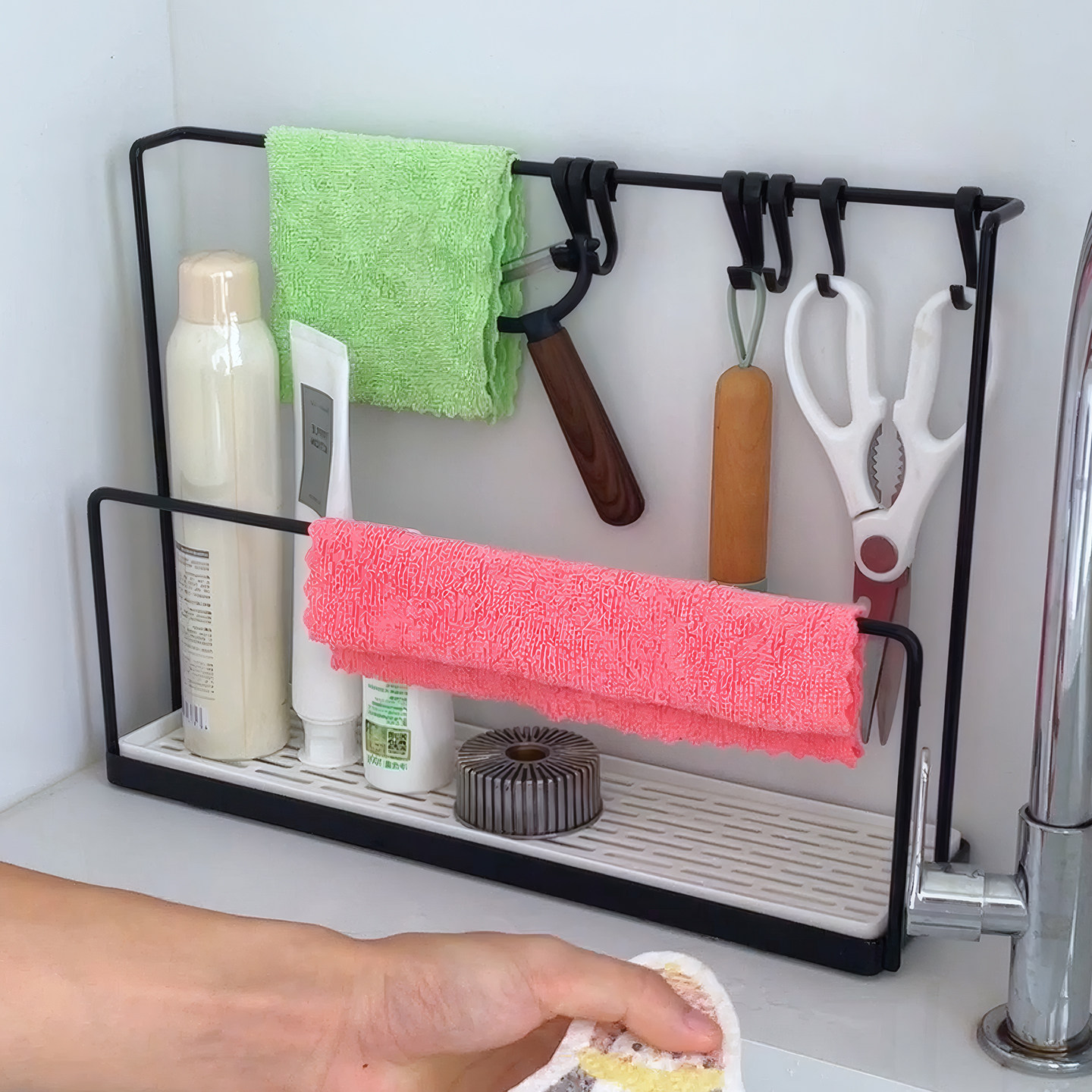 厨房抹布沥水置物架多功能置物架带接水盘挂钩洗碗布洗洁精收纳架,淘宝优惠券,粉丝福利购,淘宝优惠卷