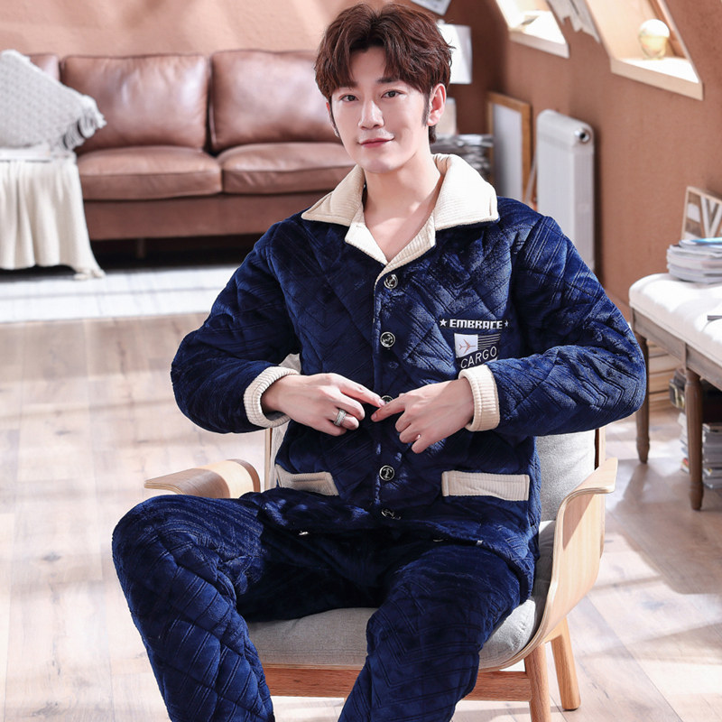 男士冬季秋冬款珊瑚绒加绒夹棉睡衣 群群优品睡衣/家居服套装
