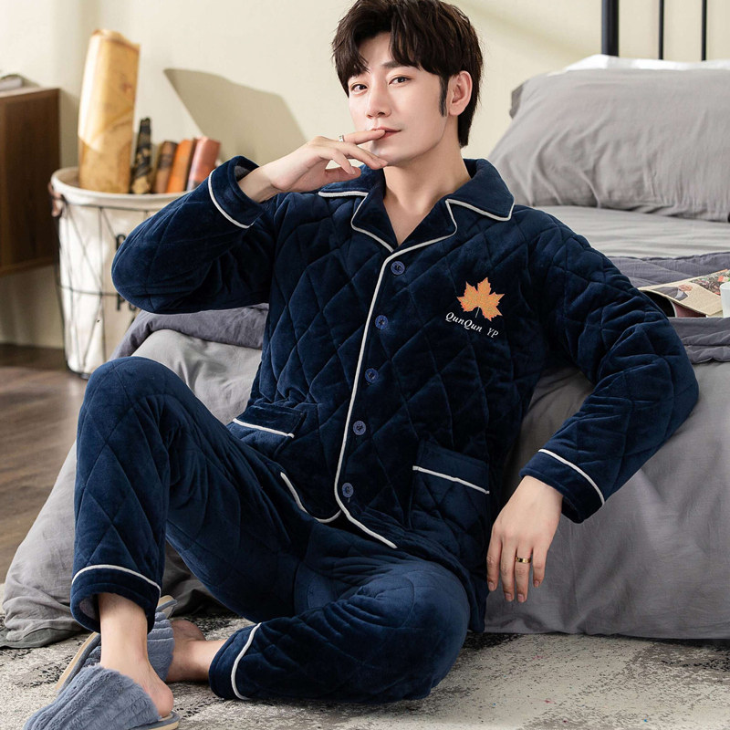 男士冬季秋冬款珊瑚绒加绒夹棉睡衣 群群优品睡衣/家居服套装