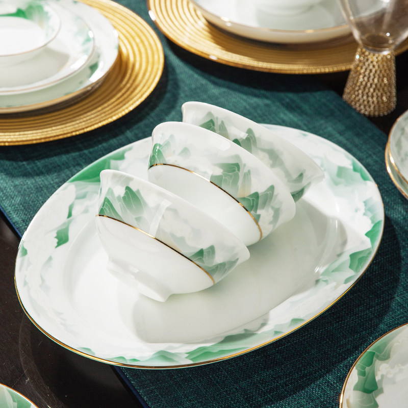 红官窑醴陵陶瓷餐具轻奢新款家用高级感乔迁送礼碗碟套装千里江山