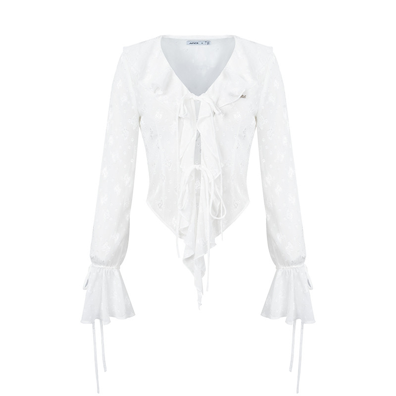 apea荷叶边芭蕾少女风喇叭袖雪纺衫 apea蕾丝衫/雪纺衫