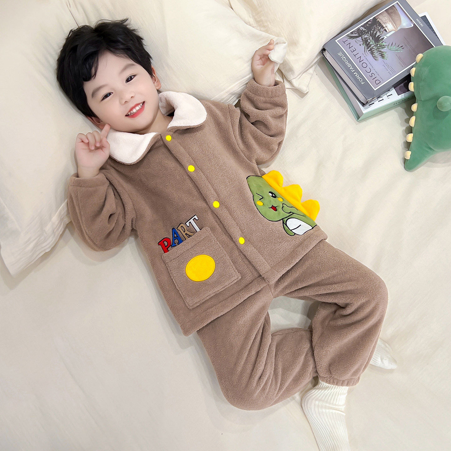 男童睡衣冬季保暖儿童开衫奥粒绒恐龙家居服男孩宝宝加厚卡通套装,淘宝优惠券,粉丝福利购,淘宝优惠卷