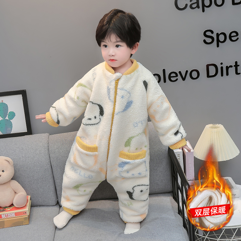 儿童加厚连体睡衣冬季男童保暖防踢珊瑚绒睡袋家居服男宝宝爬爬服 - 图0
