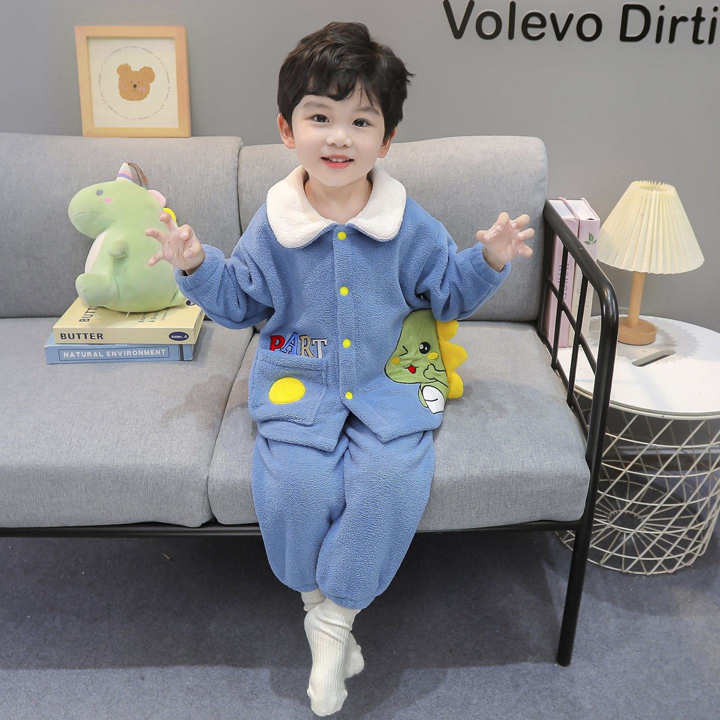 男童睡衣冬季保暖儿童开衫奥粒绒恐龙家居服男孩宝宝加厚卡通套装,淘宝优惠券,粉丝福利购,淘宝优惠卷