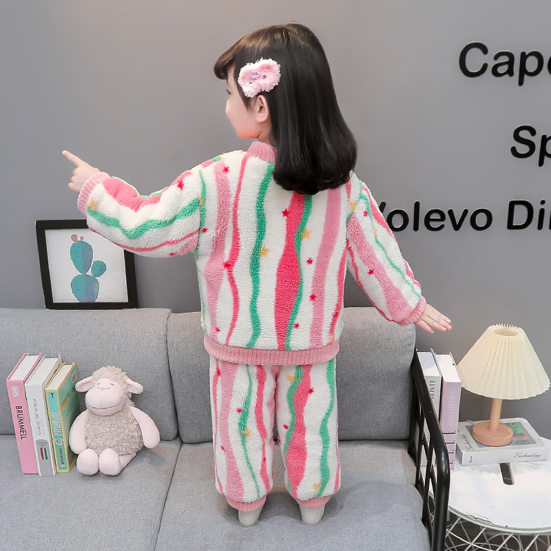 女童珊瑚绒睡衣加厚夹棉女孩彩条开衫家居服三层保暖宝宝衣服冬季,淘宝优惠券,粉丝福利购,淘宝优惠卷