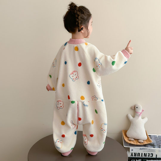 女童连体睡衣冬季保暖雪肤绒儿童防踢爬爬服宝宝加厚如厕版睡袋冬