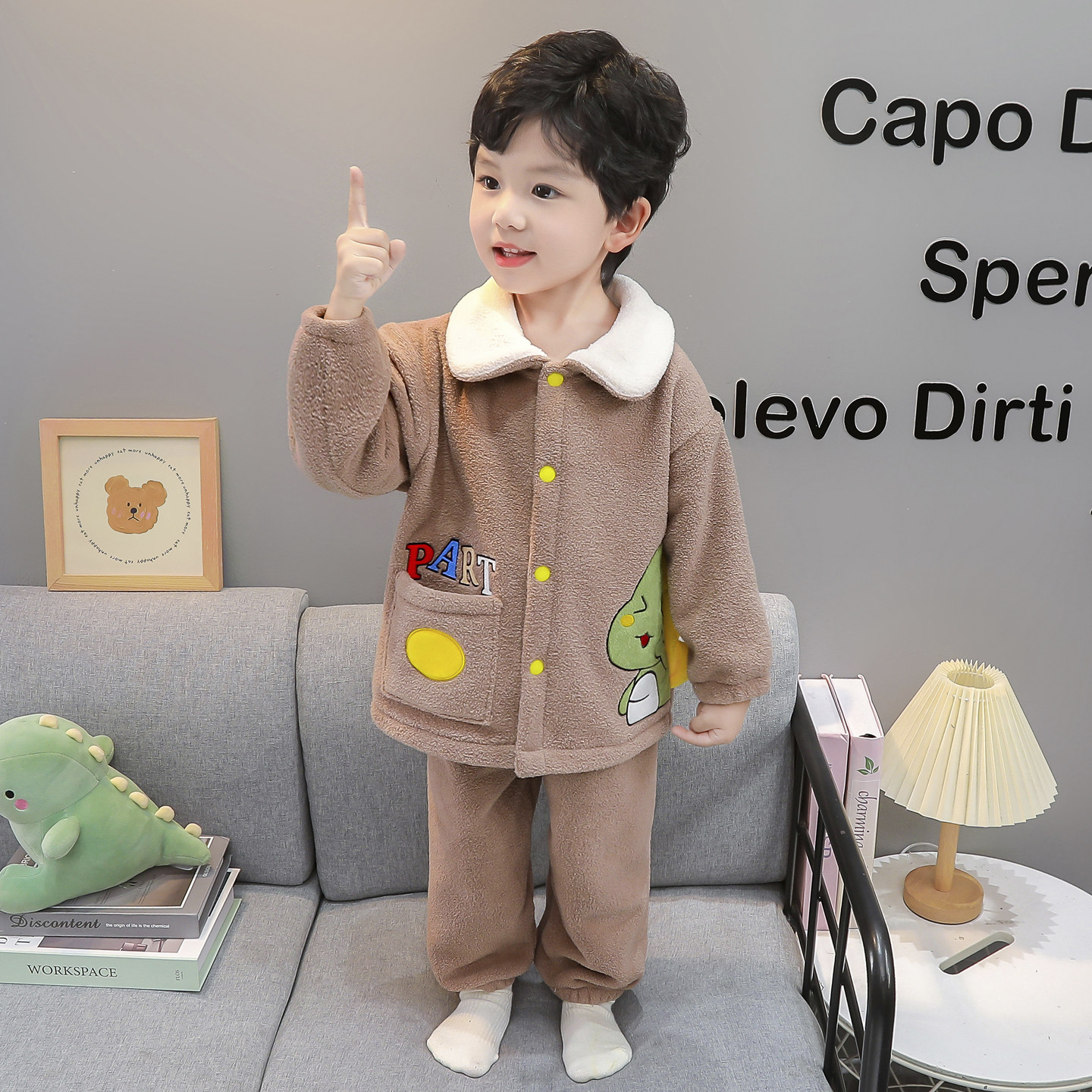 男童睡衣冬季保暖儿童开衫奥粒绒恐龙家居服男孩宝宝加厚卡通套装,淘宝优惠券,粉丝福利购,淘宝优惠卷