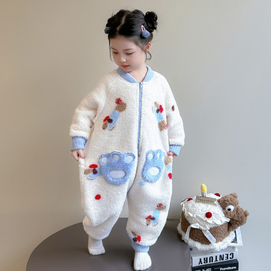 Baby one-piece pajamas winter thickened Austrian velvet girls' anti-kick quilt warm sleeping bag children's toilet version crawling clothes