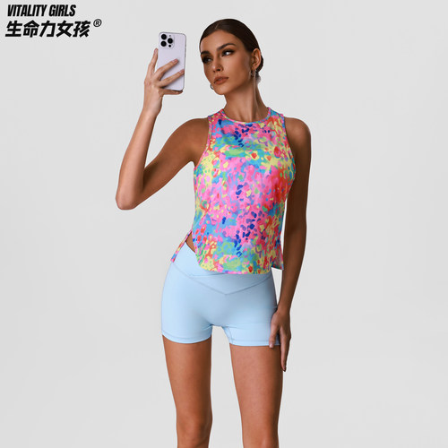 生命力女孩运动健身无袖背心女夏薄凉感速干宽松显瘦遮副乳彩豹纹 - 图3