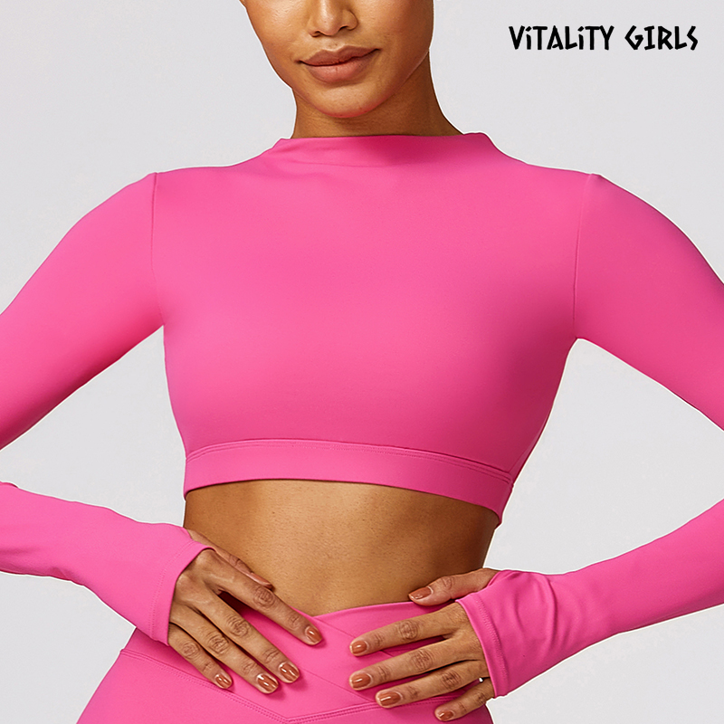 Vitality Girls欧美带胸垫瑜伽服修身上衣露美背健身服女长袖修身 - 图0