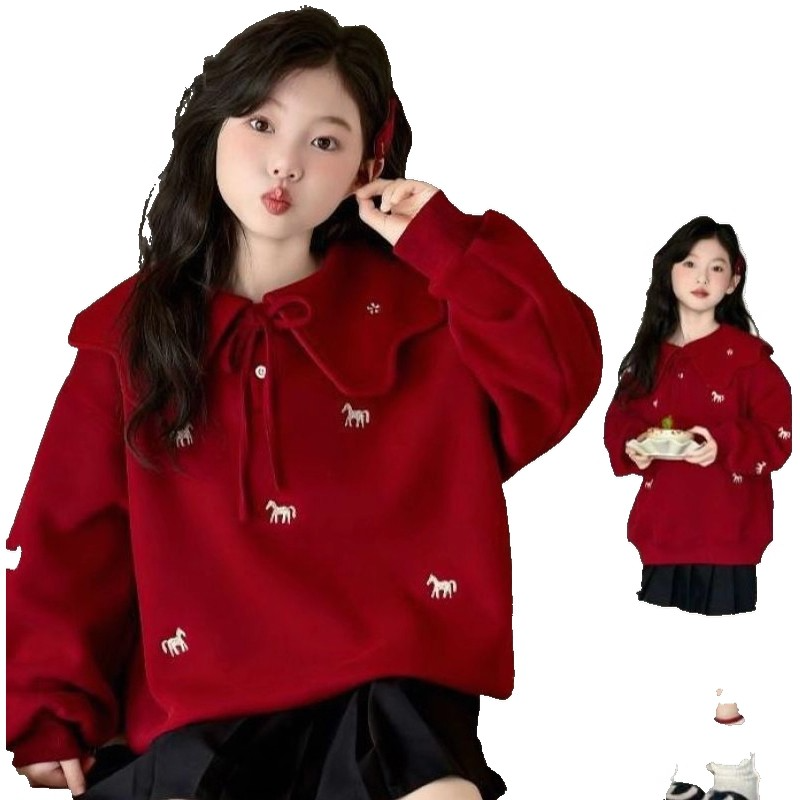 马年女童加绒加厚娃娃领卫衣2026秋冬新款小马刺绣上衣裙子两件套,淘宝优惠券,粉丝福利购,淘宝优惠卷