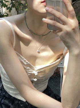 弥勒佛吊坠中古国风项链女小众设计感925纯银ins墨绿天然石项链