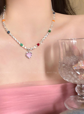 彩色爱心碎银子锁骨链女夏季ins小众设计感配饰甜酷辣妹时尚项链