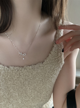 精致锆石蝴蝶结项链韩系气质女生吊坠925纯银高级感首饰ins风