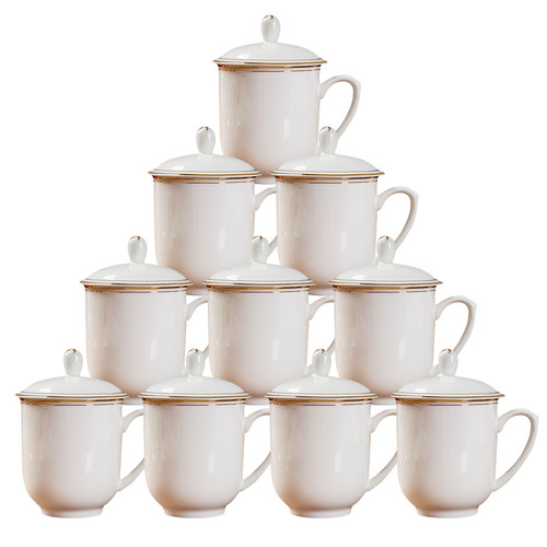 景德镇茶杯陶瓷带盖会议茶杯办公室骨瓷水杯10只套装免费定制LOGO - 图0