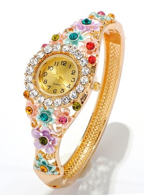 升级版520七夕情人节礼物景蓝开口手表手镯女款水钻镯子石英表