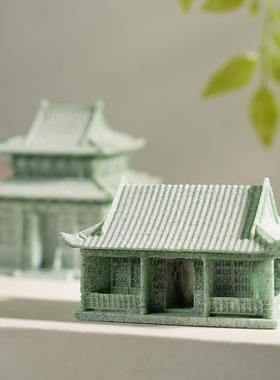 新中式青砂石古风建筑摆件家居客厅鱼缸造景微景观盆景流水装饰品