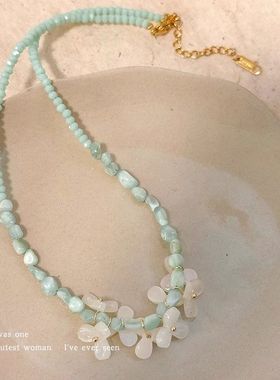 夏日薄荷曼波绿花朵串珠项链女款2025新款清冷感锁骨链颈链配饰品
