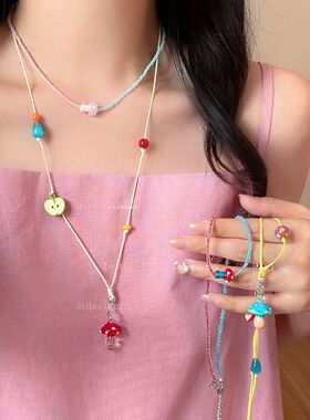 彩色串珠蘑菇项链女夏2025新款