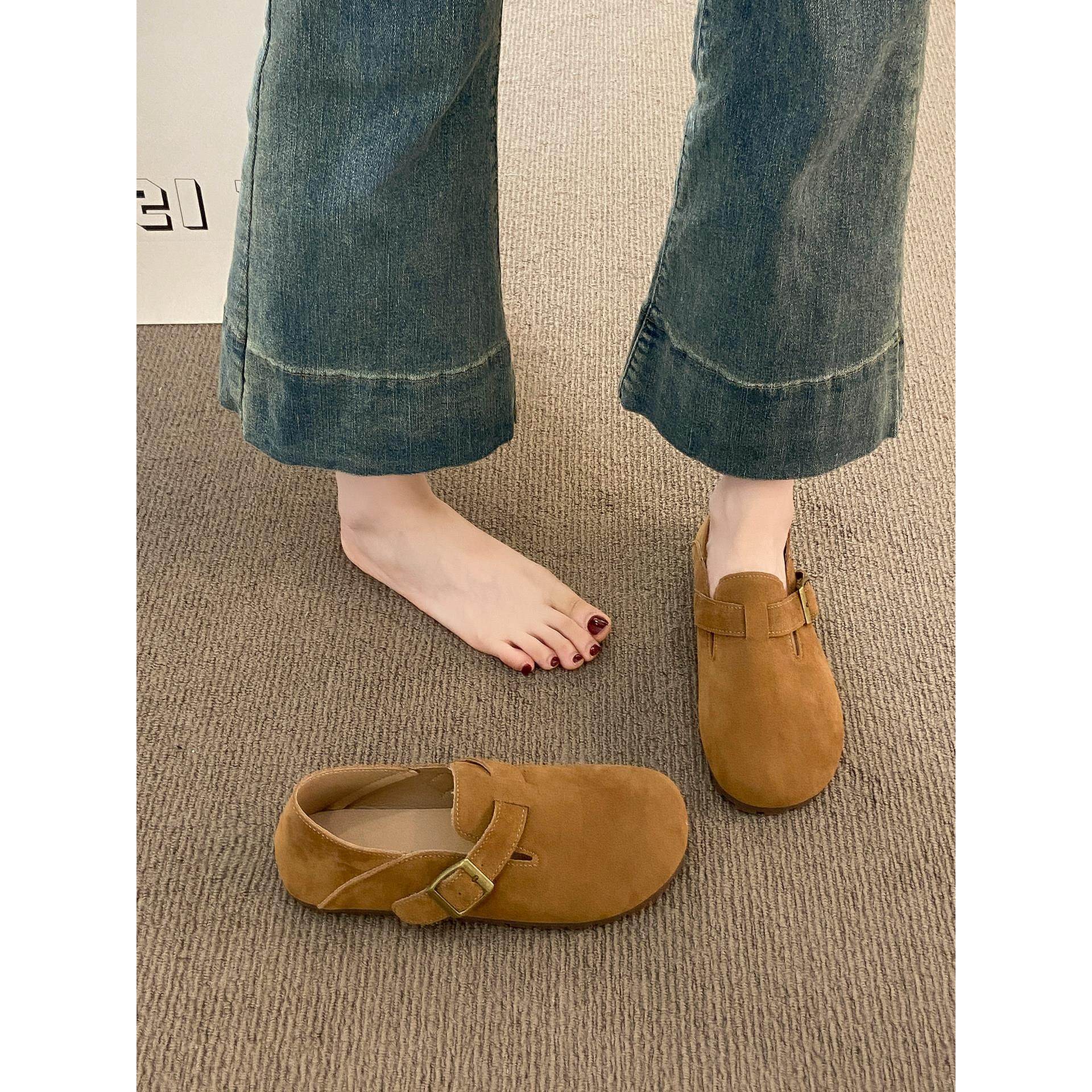 英国真皮平底全包勃肯鞋女秋季2025新款爆款一脚蹬豆豆鞋休闲单鞋,淘宝优惠券,粉丝福利购,淘宝优惠卷